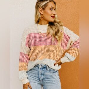 Anthropologie Cream, Pink & Orange Striped Chunky Knit Sweater